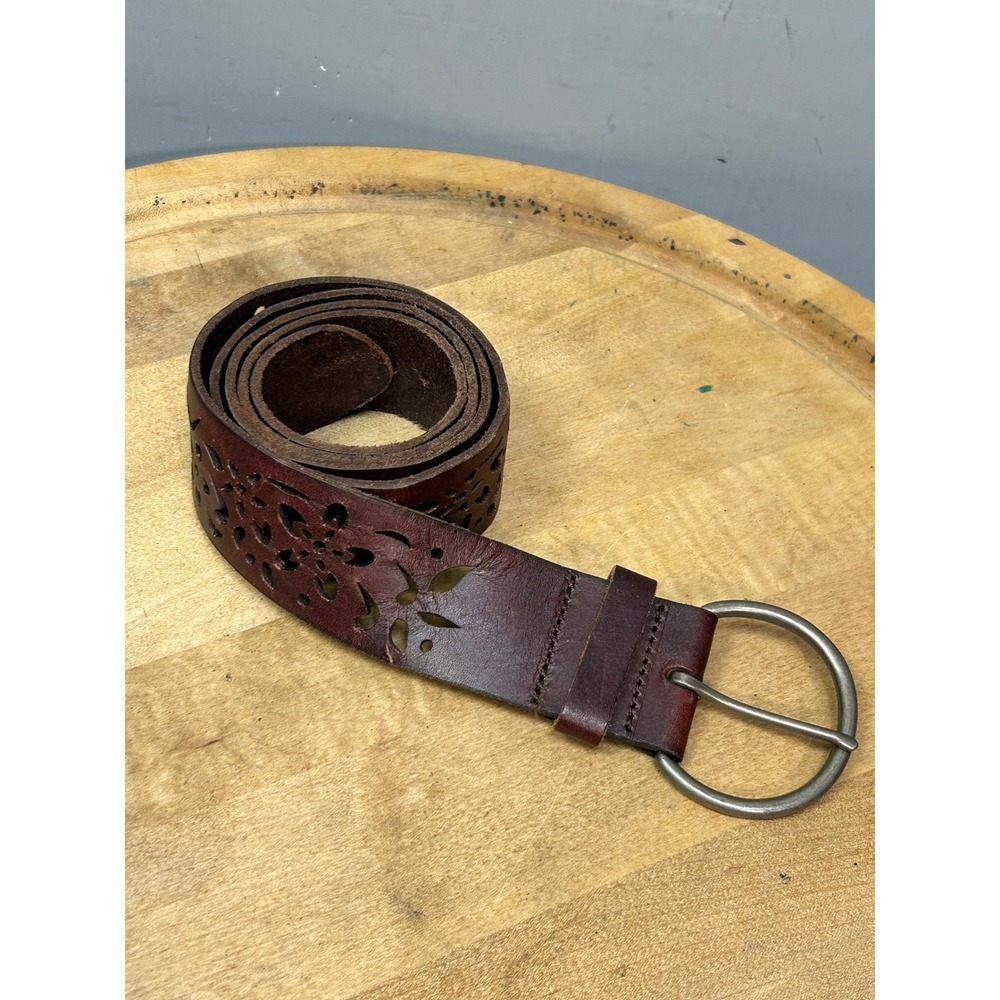American Eagle Belt Womens XL Brown Genuine Leather Floral Laser Cut Boho Wide